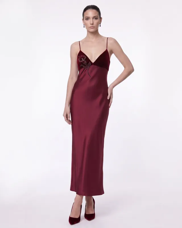 Floral Embellished Velvet-Trim Strappy Maxi Dress - Burgundy made by JW PEI