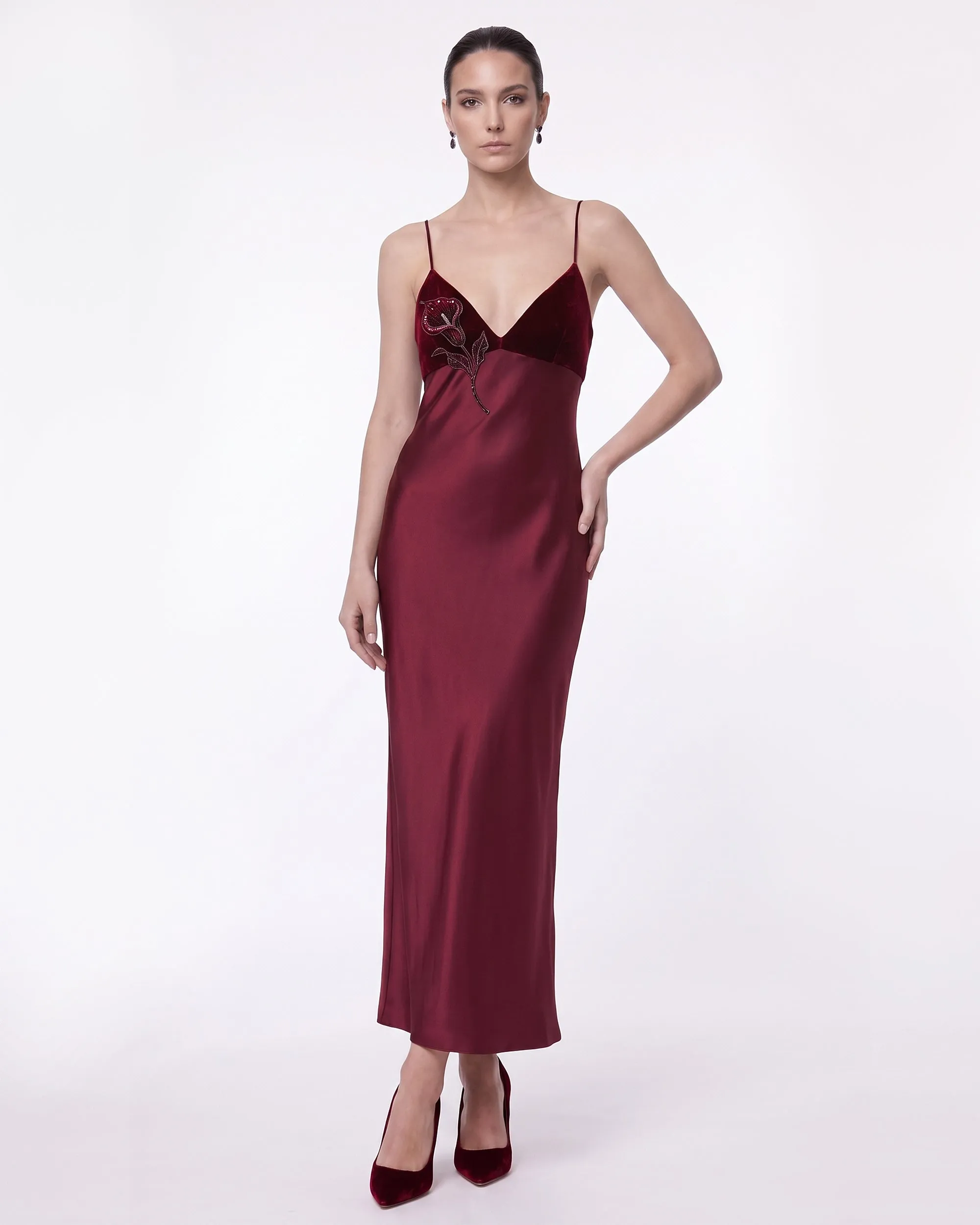 Floral Embellished Velvet-Trim Strappy Maxi Dress - Burgundy sold by JW PEI