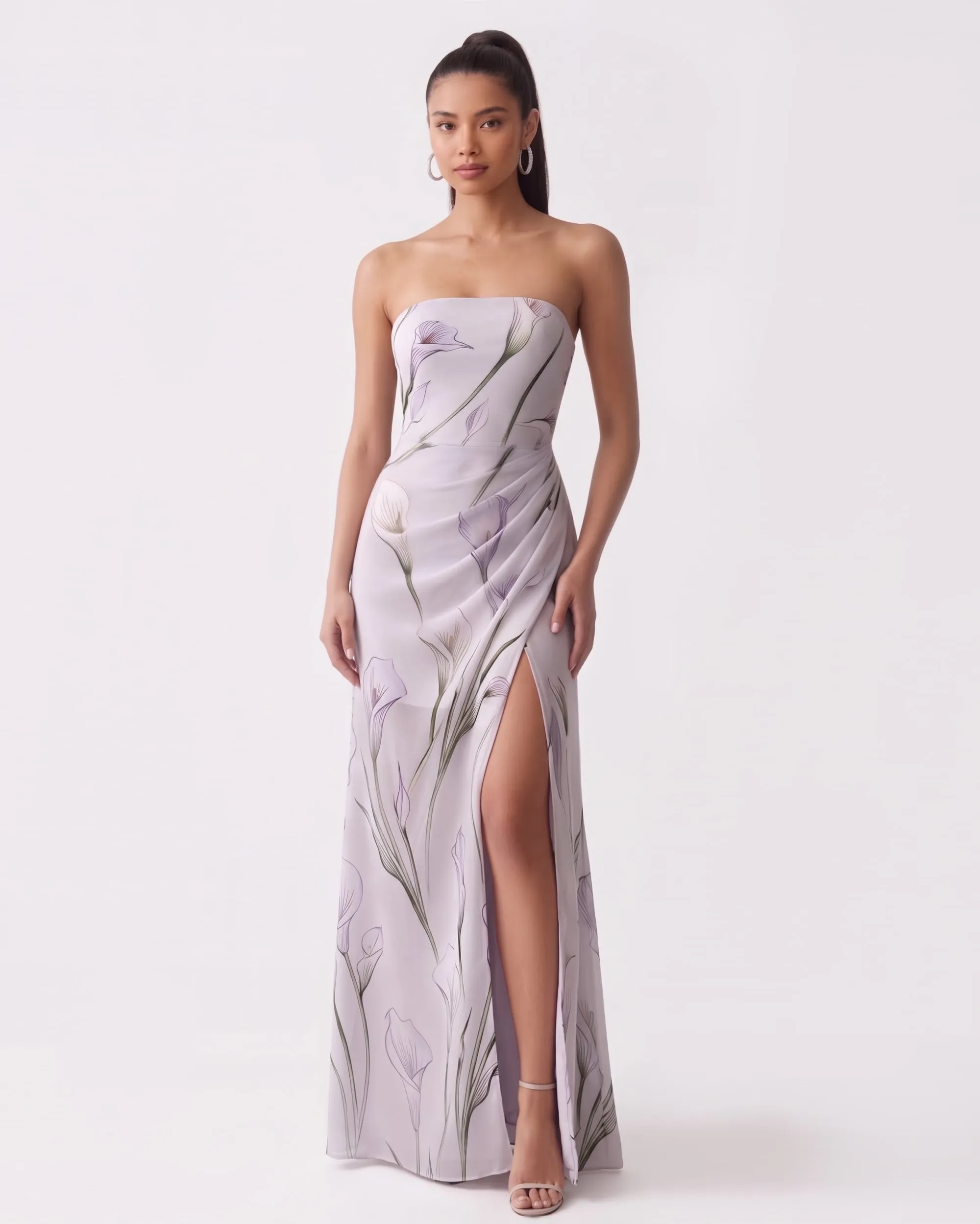 Floral Print Strapless Draped Slit Maxi Dress - Light Gray sold by JW PEI