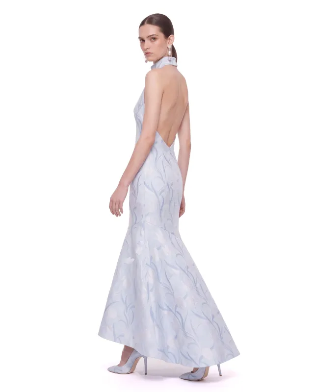 Floral Jacquard Halter Mermaid Maxi Dress - Light Blue made by JW PEI