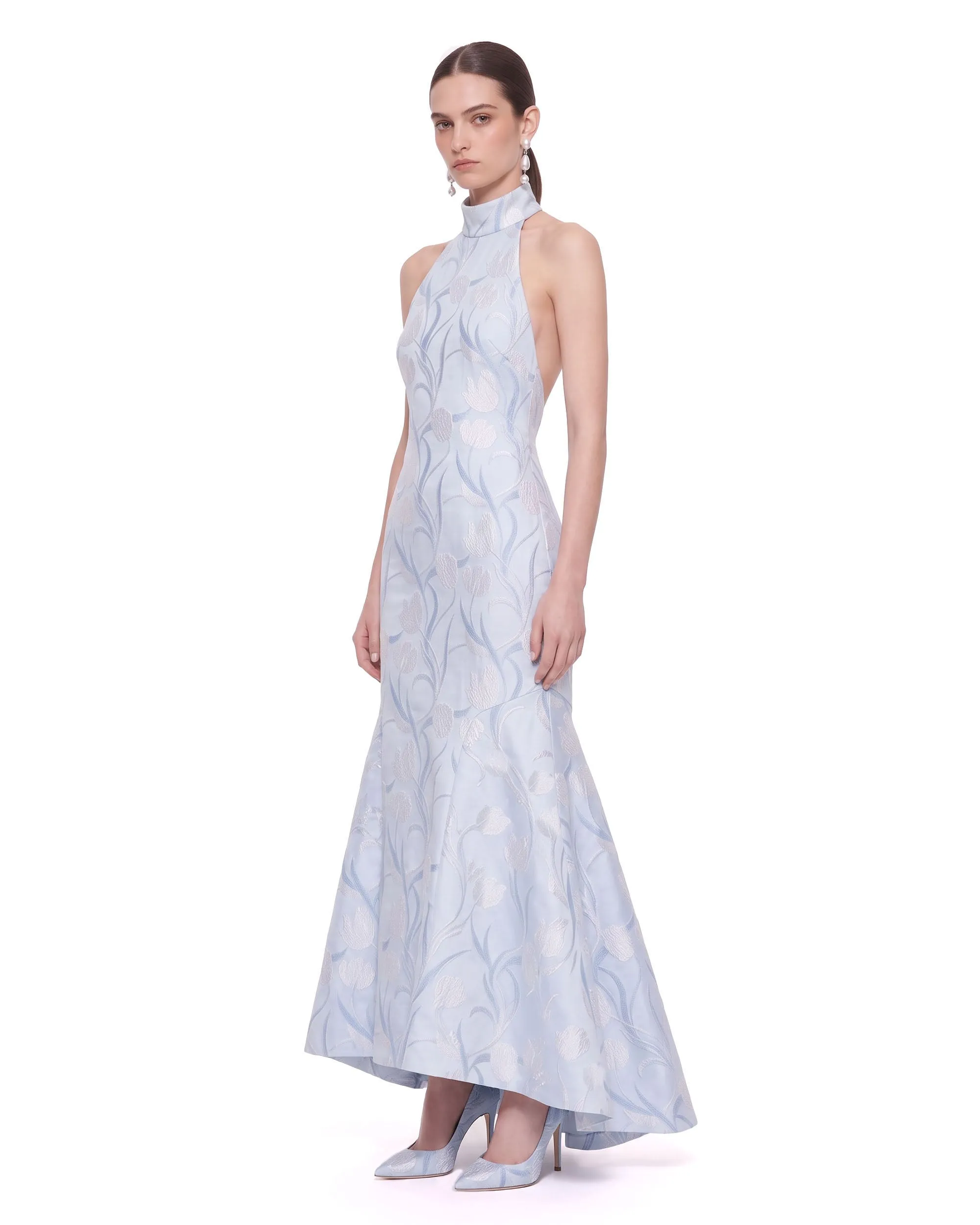 Floral Jacquard Halter Mermaid Maxi Dress - Light Blue sold by JW PEI product image thumbnail 2