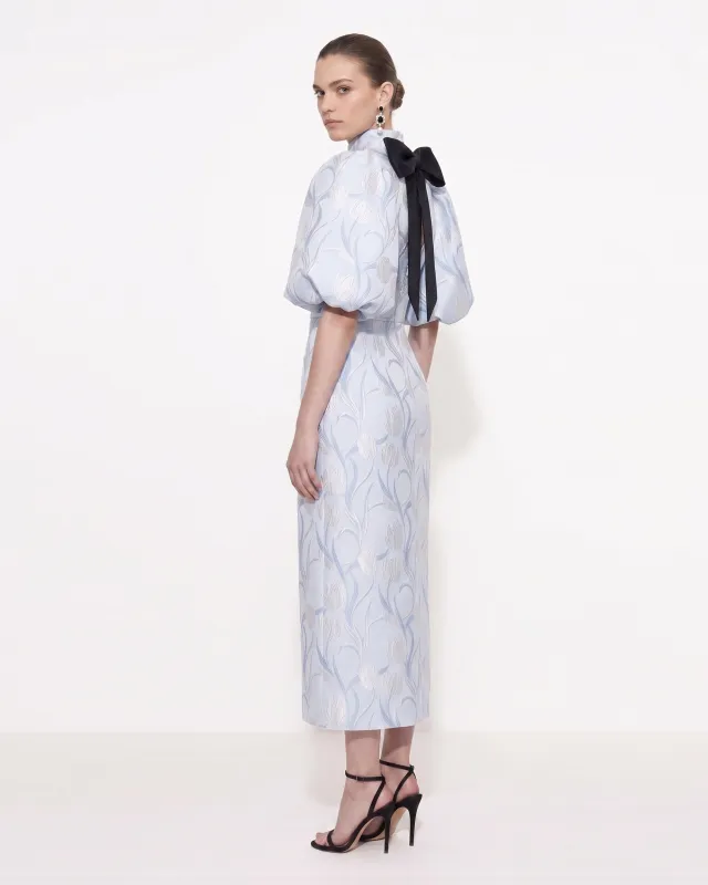 Floral Jacquard Bow-Back Puff-Sleeve Midi Dress - Light Blue made by JW PEI