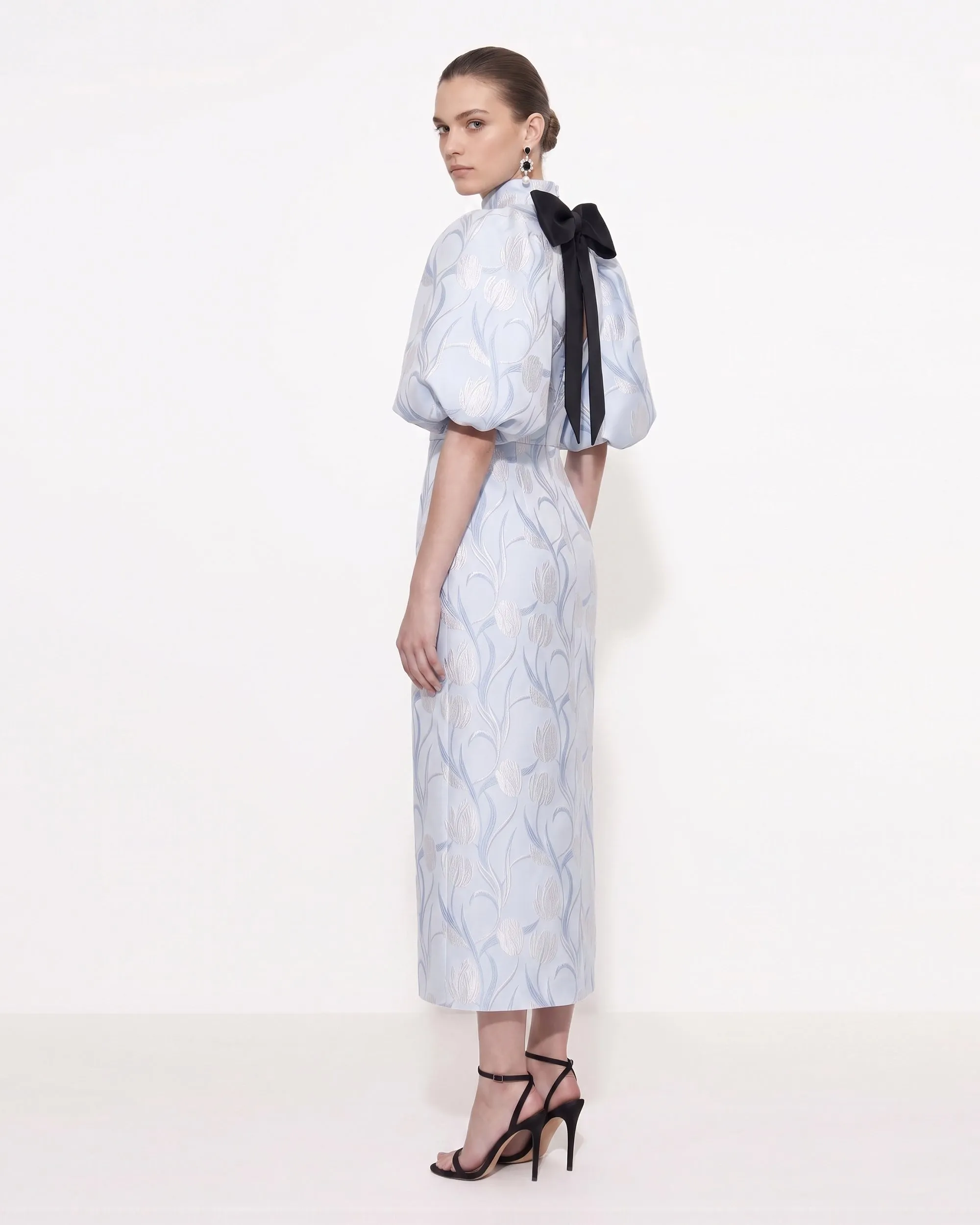 Floral Jacquard Bow-Back Puff-Sleeve Midi Dress - Light Blue sold by JW PEI