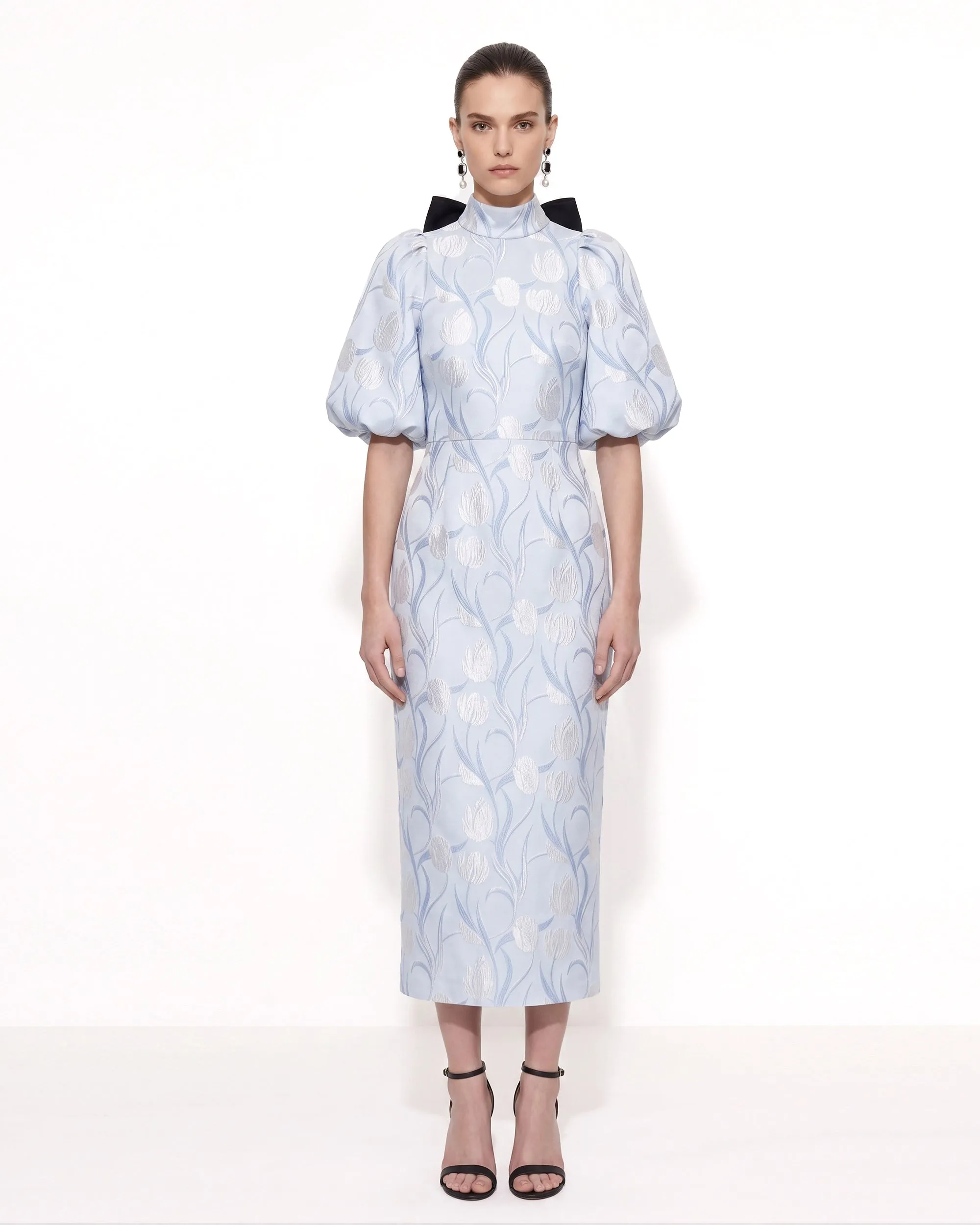 Floral Jacquard Bow-Back Puff-Sleeve Midi Dress - Light Blue sold by JW PEI product image thumbnail 2