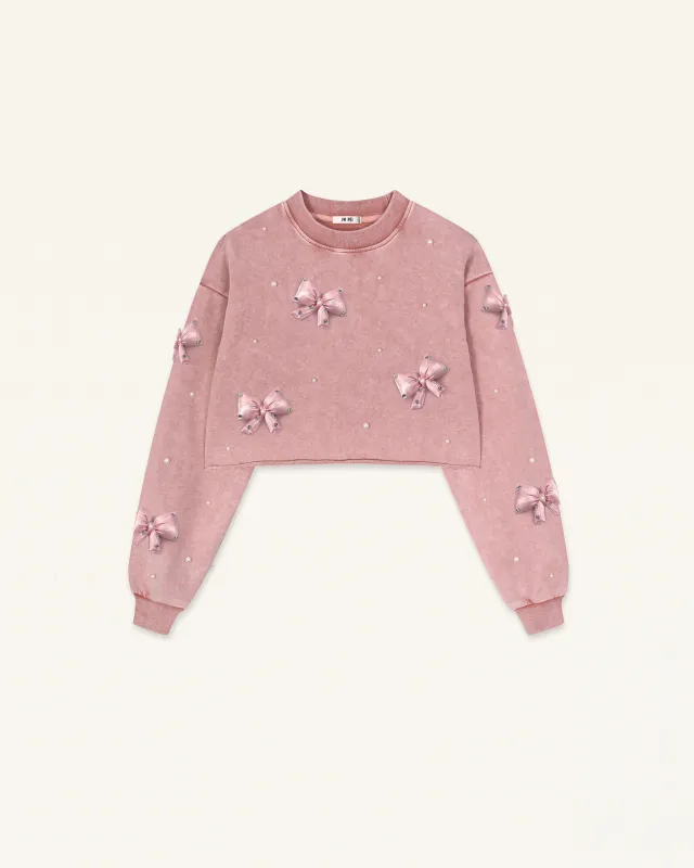 Coquette 3D Satin Bow Pearl Sweatshirt - Vintage Pink made by JW PEI