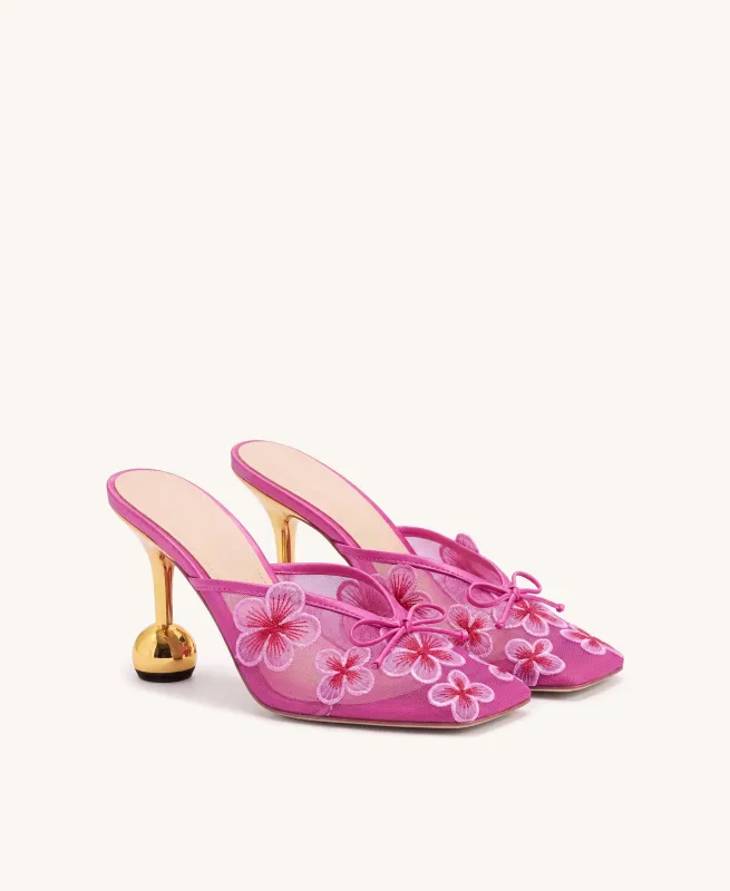 Mireille Floral Embroidered Bow Mesh Mules - Fuchsia made by JW PEI