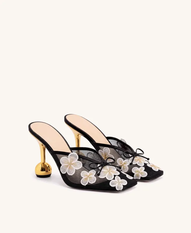Mireille Floral Embroidered Bow Mesh Mules - Black made by JW PEI