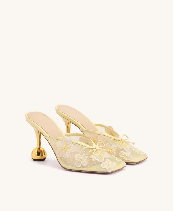 Mireille Floral Embroidered Bow Mesh Mules - Yellow made by JW PEI