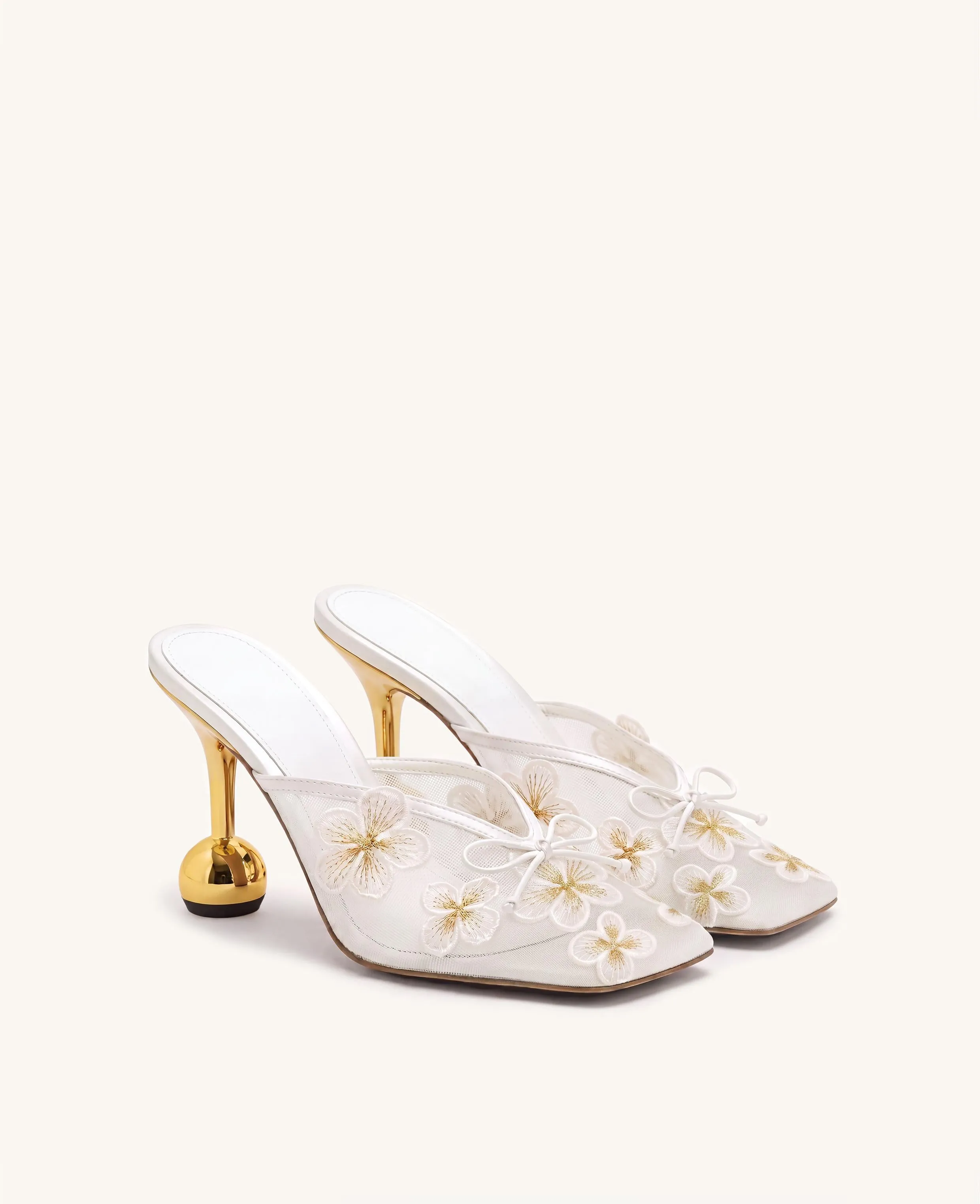 Mireille Floral Embroidered Bow Mesh Mules - White sold by JW PEI