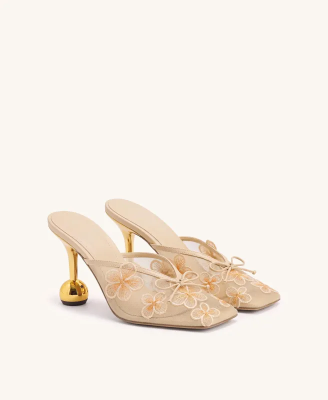 Mireille Floral Embroidered Bow Mesh Mules - Apricot made by JW PEI