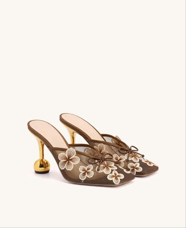 Mireille Floral Embroidered Bow Mesh Mules - Brown made by JW PEI