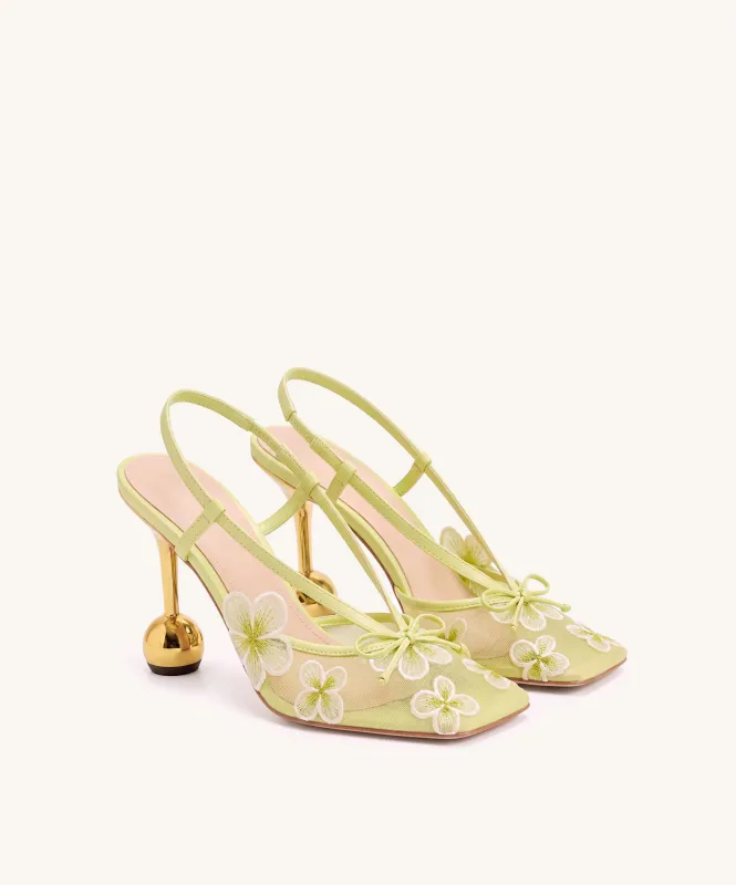 Mireille Floral Embroidered Bow Slingback Pumps - Chartreuse made by JW PEI