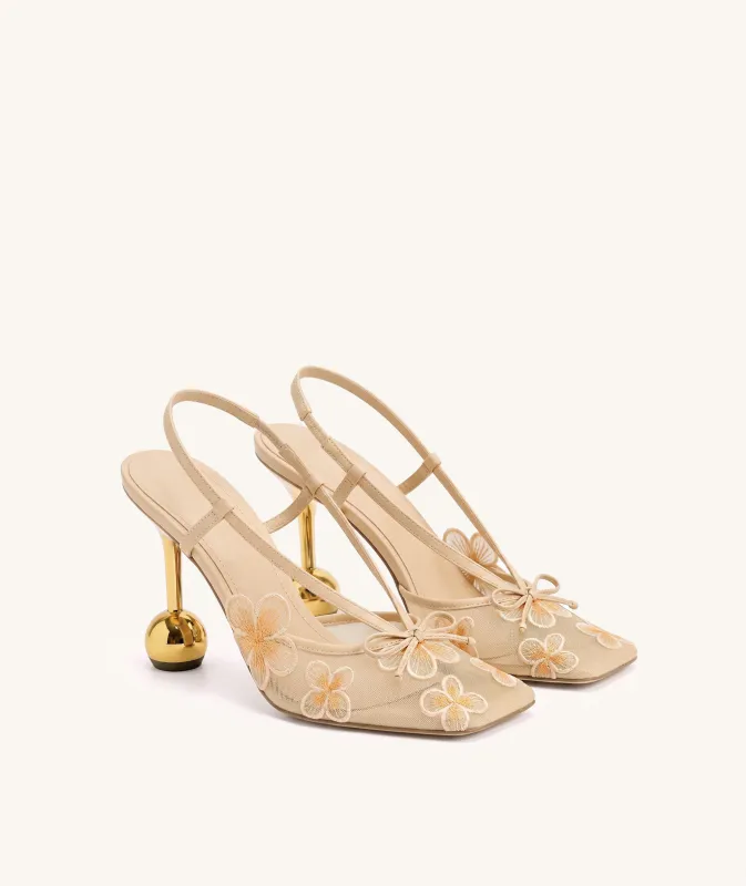 Mireille Floral Embroidered Bow Slingback Pumps - Apricot made by JW PEI
