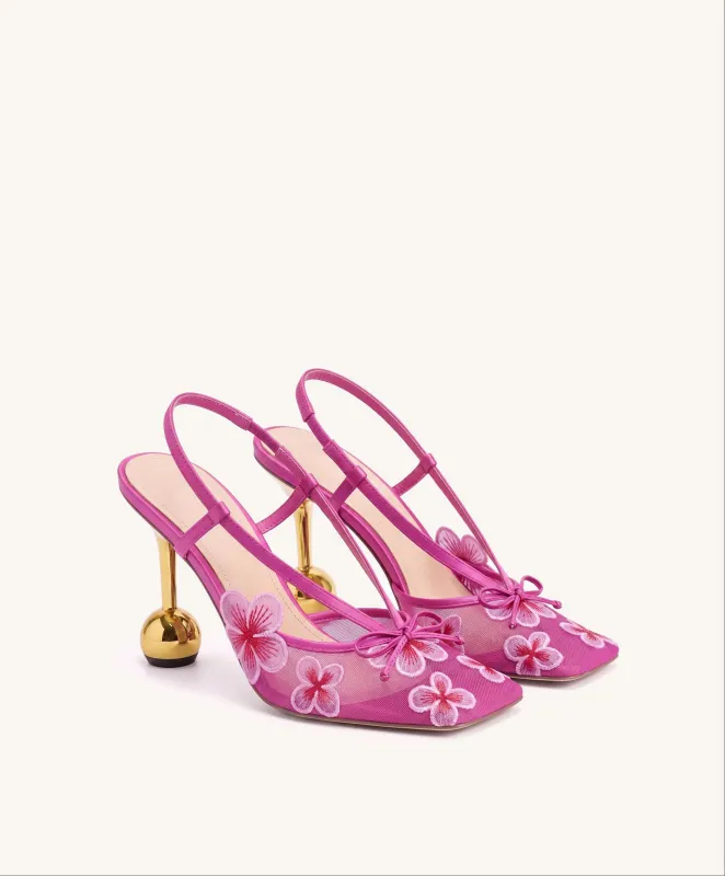 Mireille Floral Embroidered Bow Slingback Pumps - Fuchsia made by JW PEI