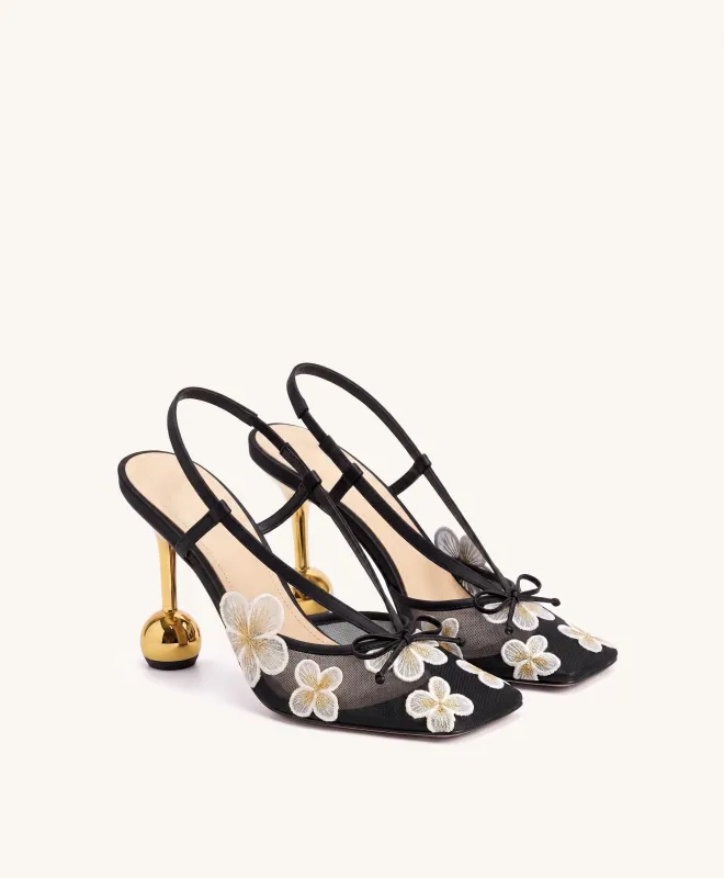 Mireille Floral Embroidered Bow Slingback Pumps - Black made by JW PEI