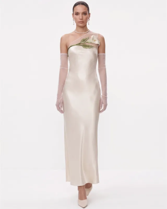 One-Shoulder Calla Lily Embroidered Satin Maxi Dress - Champagne made by JW PEI