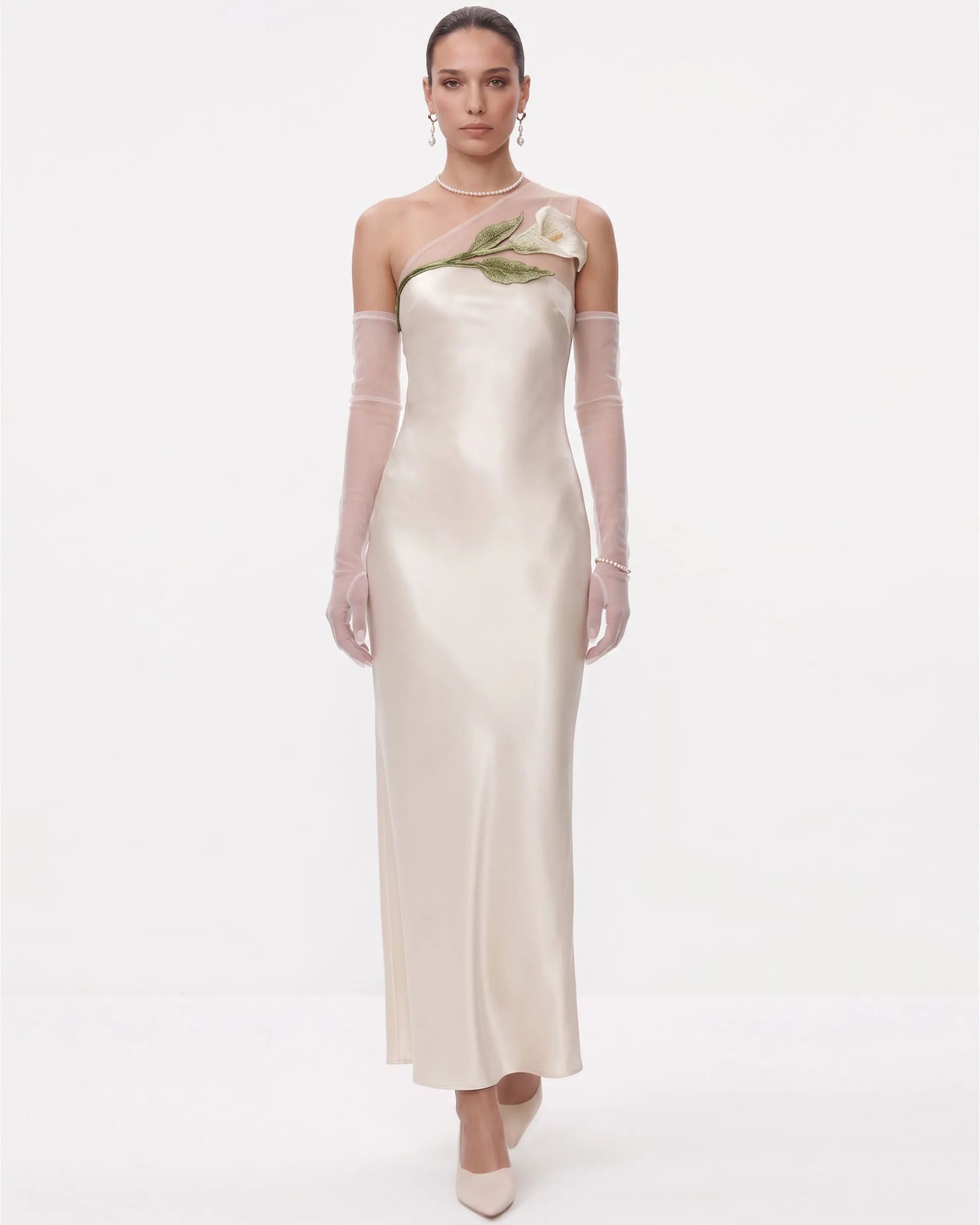 One-Shoulder Calla Lily Embroidered Satin Maxi Dress - Champagne sold by JW PEI