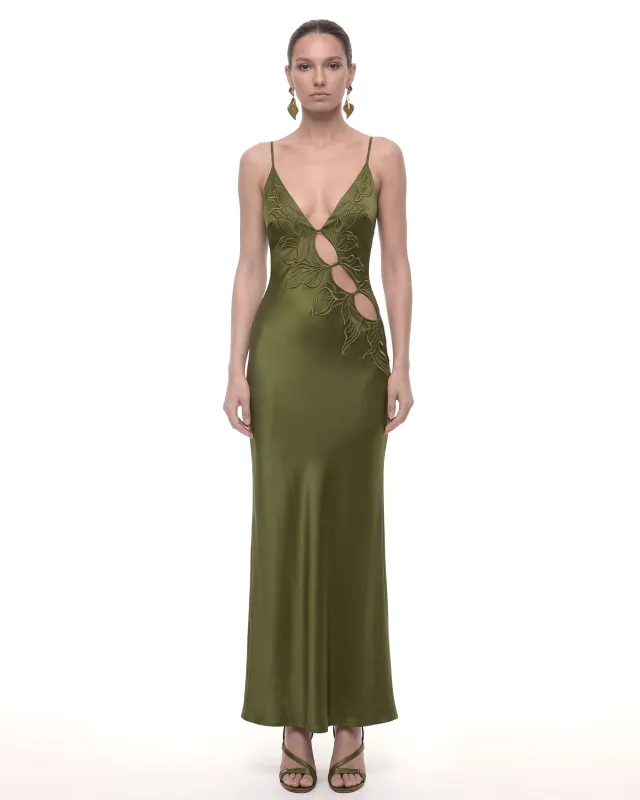 Embroidered Floral Cutout Strappy Satin Maxi Dress - Olive made by JW PEI