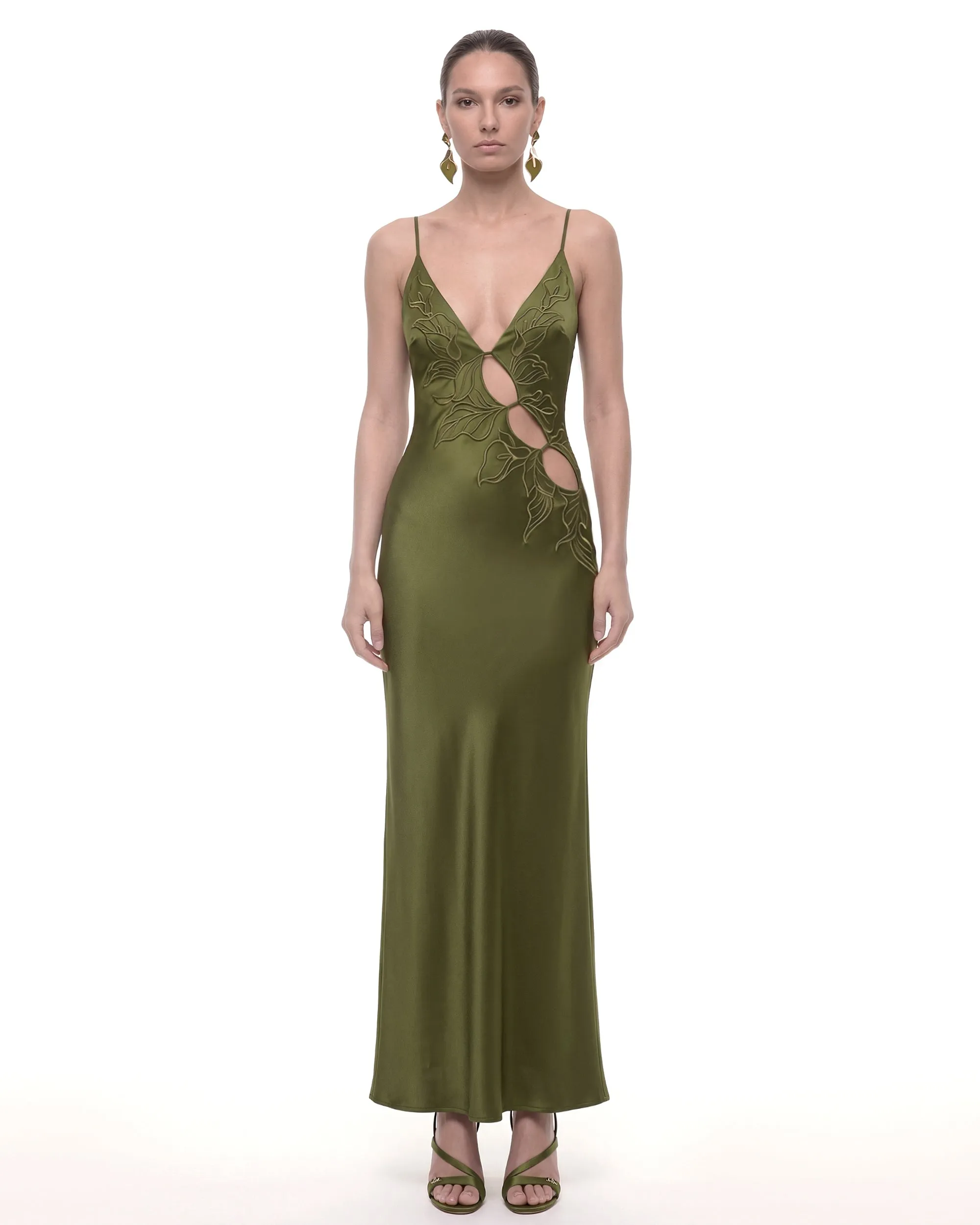 Embroidered Floral Cutout Strappy Satin Maxi Dress - Olive sold by JW PEI
