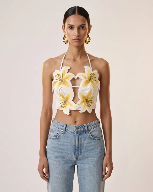 Lily Embroidered Halter Crop Top - White & Yellow made by JW PEI