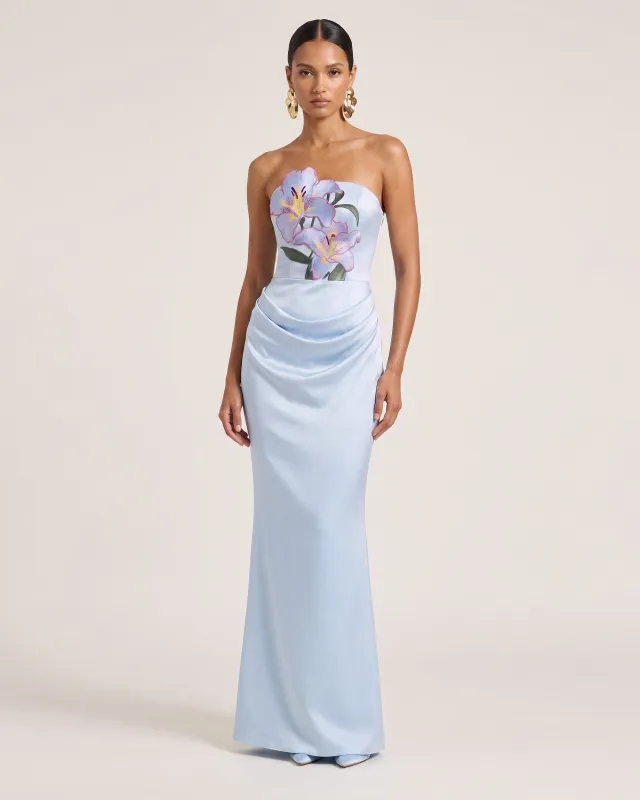 Lily Embroidered Strapless Ruched Maxi Dress - Light Blue made by JW PEI