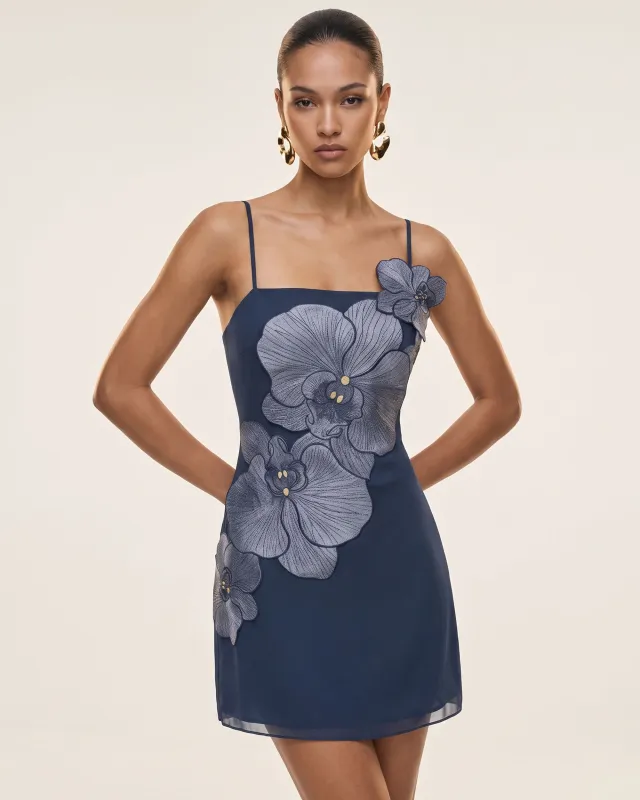Orchid Appliqué Mini Dress - Dark Blue made by JW PEI