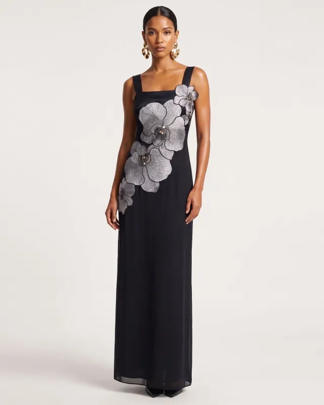 Orchid Embroidered Square Neck Column Maxi Dress - Black made by JW PEI