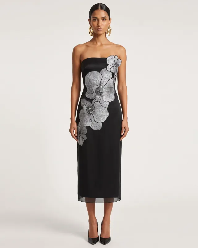 Orchid Embroidered Strapless Column Midi Dress - Black made by JW PEI