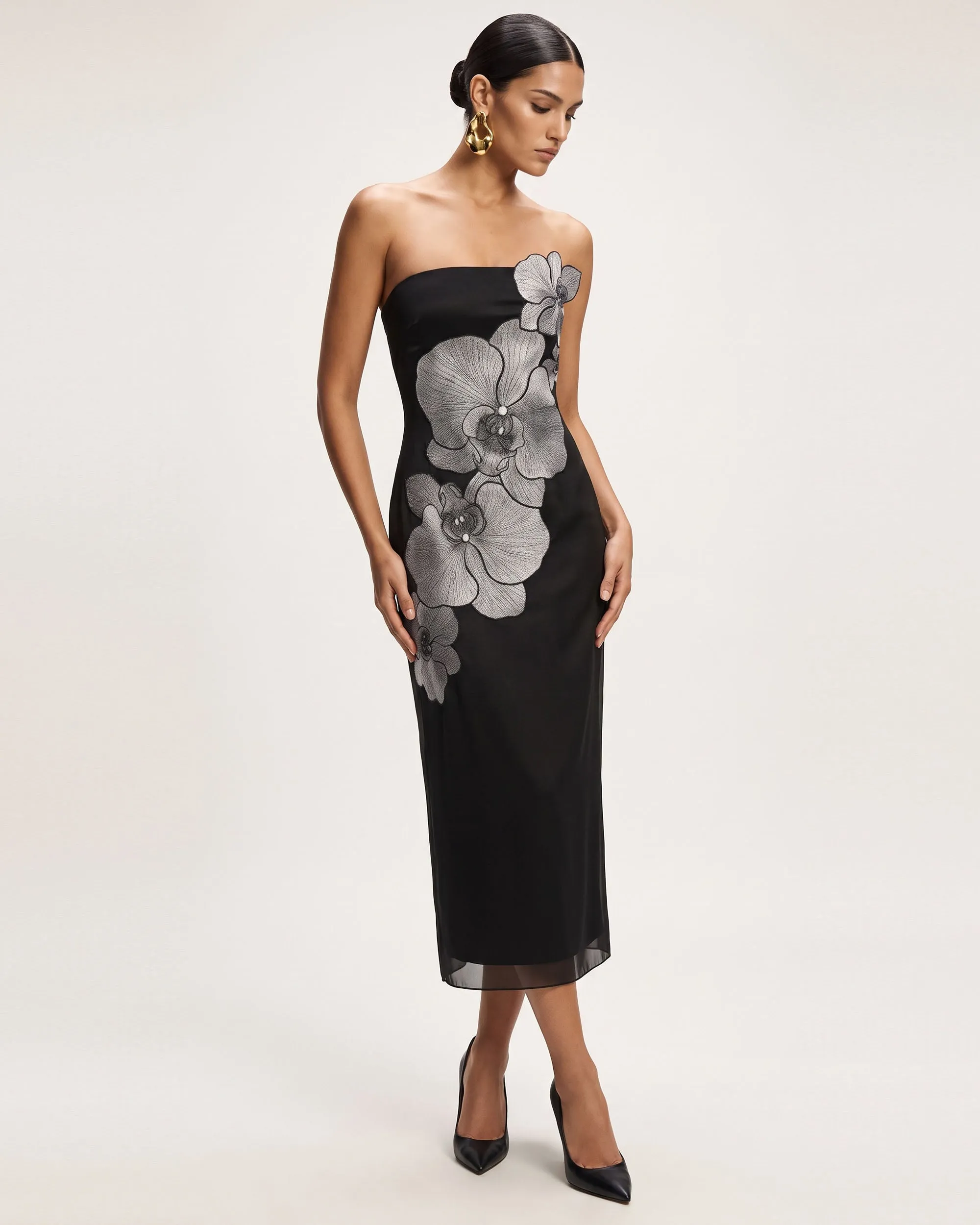 Orchid Embroidered Strapless Column Midi Dress - Black sold by JW PEI product image thumbnail 2