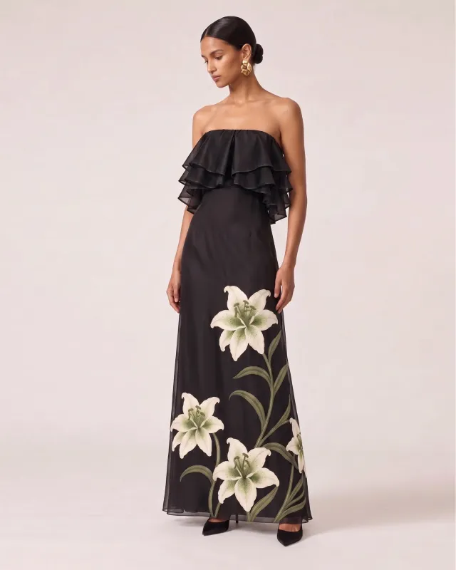 Lily Embroidered Layered Ruffle Strapless Maxi Dress - Black made by JW PEI