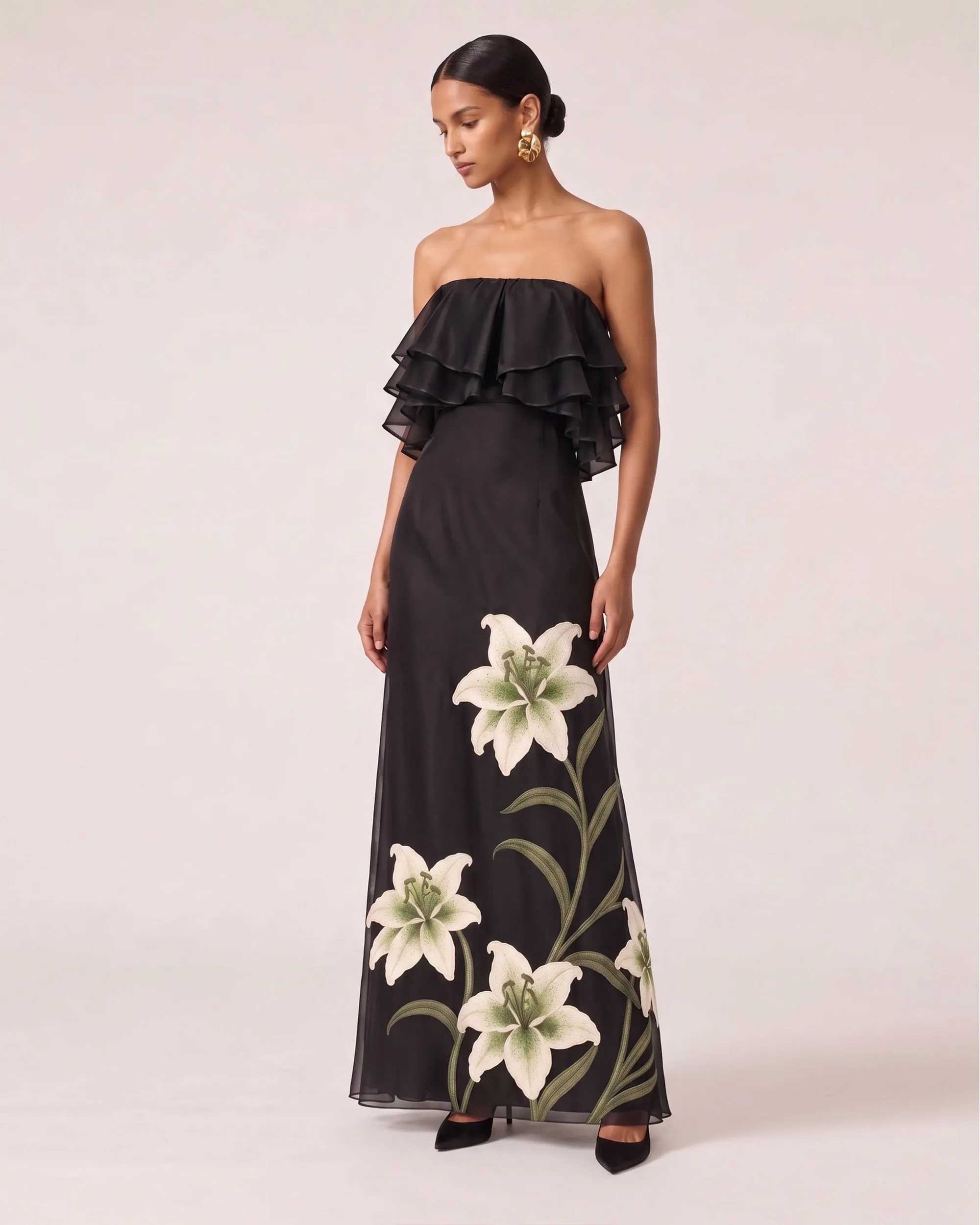 Lily Embroidered Layered Ruffle Strapless Maxi Dress - Black sold by JW PEI
