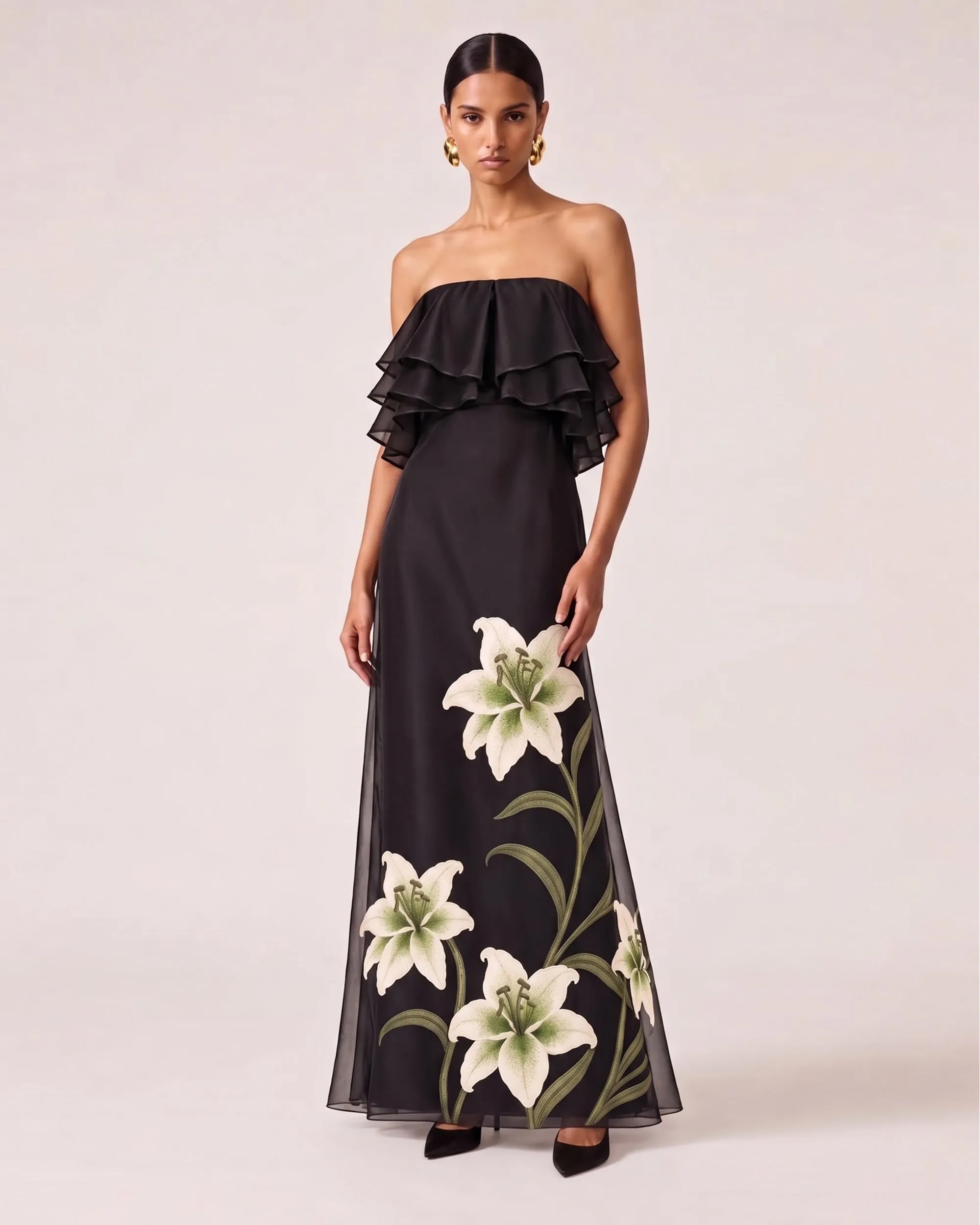 Lily Embroidered Layered Ruffle Strapless Maxi Dress - Black sold by JW PEI product image thumbnail 2