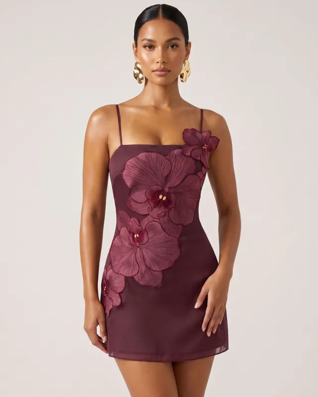 Orchid Appliqué Mini Dress - Burgundy made by JW PEI