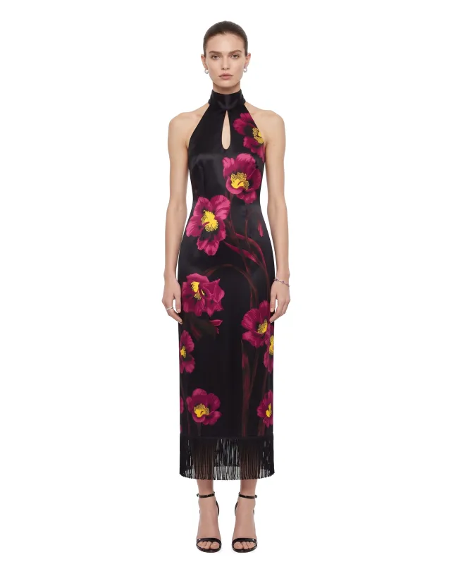 The Cheongsam-Reimagined Floral Print Keyhole Fringe Midi Dress - Black made by JW PEI