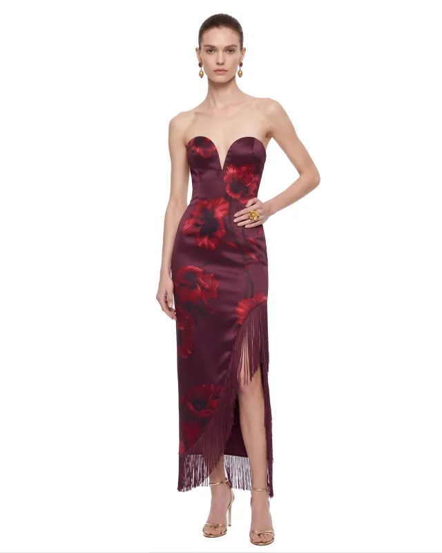 Floral Print Strapless Fringe Slit Maxi Dress - Burgundy made by JW PEI