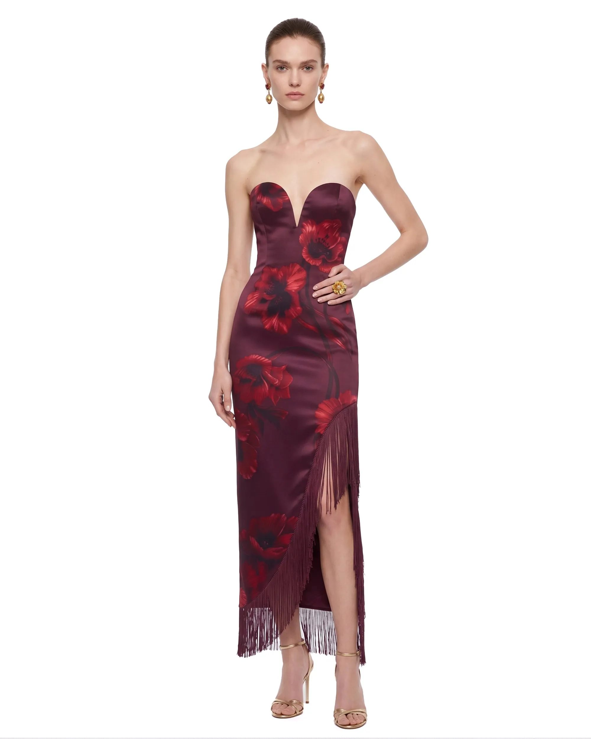 Floral Print Strapless Fringe Slit Maxi Dress - Burgundy sold by JW PEI