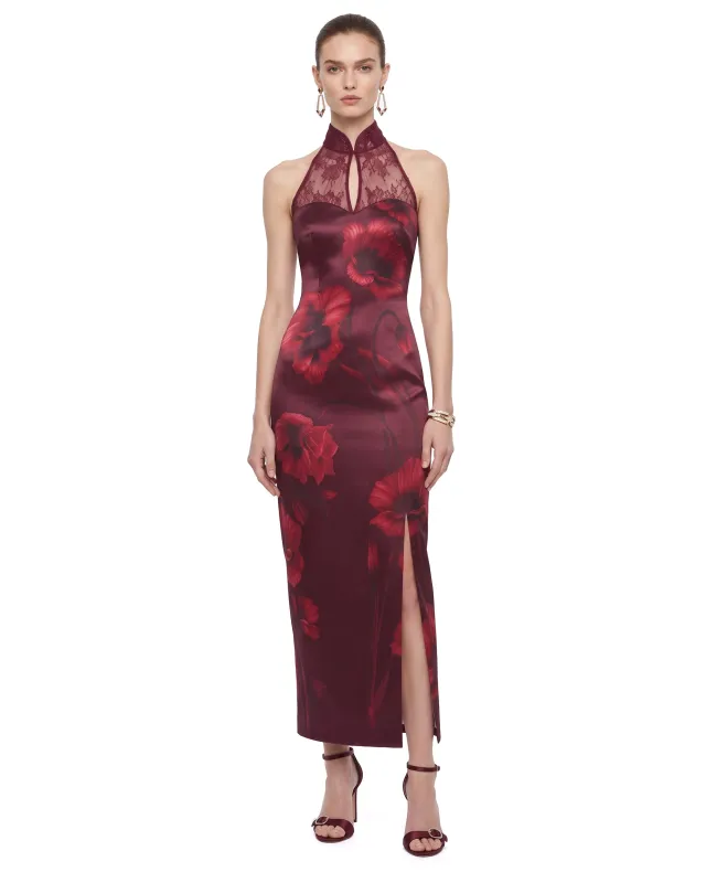 The Cheongsam-Reimagined Lace Slit Midi Dress - Burgundy made by JW PEI