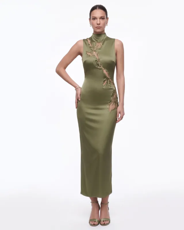 Floral Embroidered Mock-Neck Satin Maxi Dress - Olive Green made by JW PEI