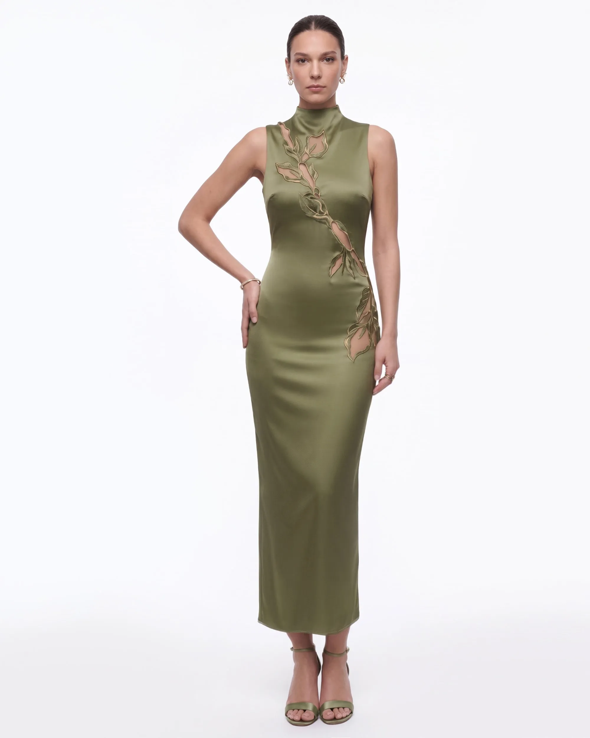 Floral Embroidered Mock-Neck Satin Maxi Dress - Olive Green sold by JW PEI