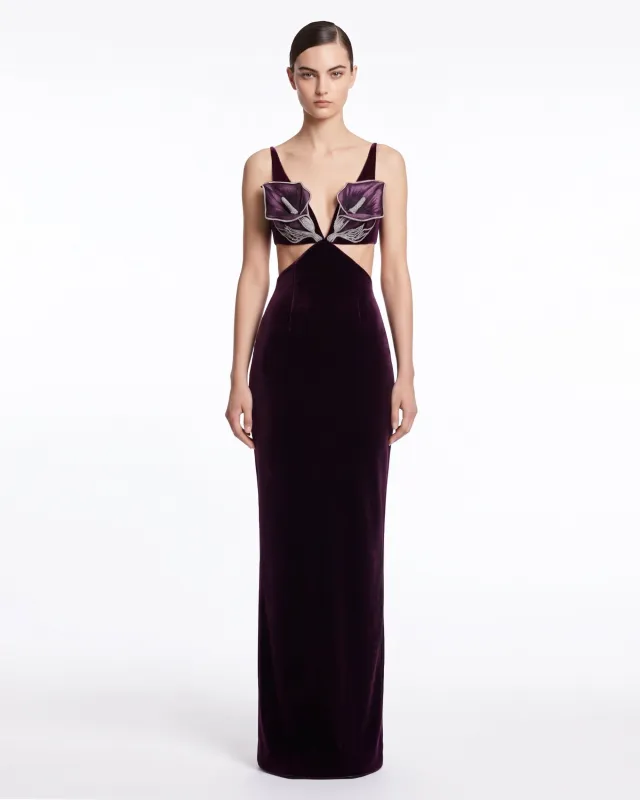 3D Floral Cutout Velvet Maxi Dress - Dark Purple made by JW PEI