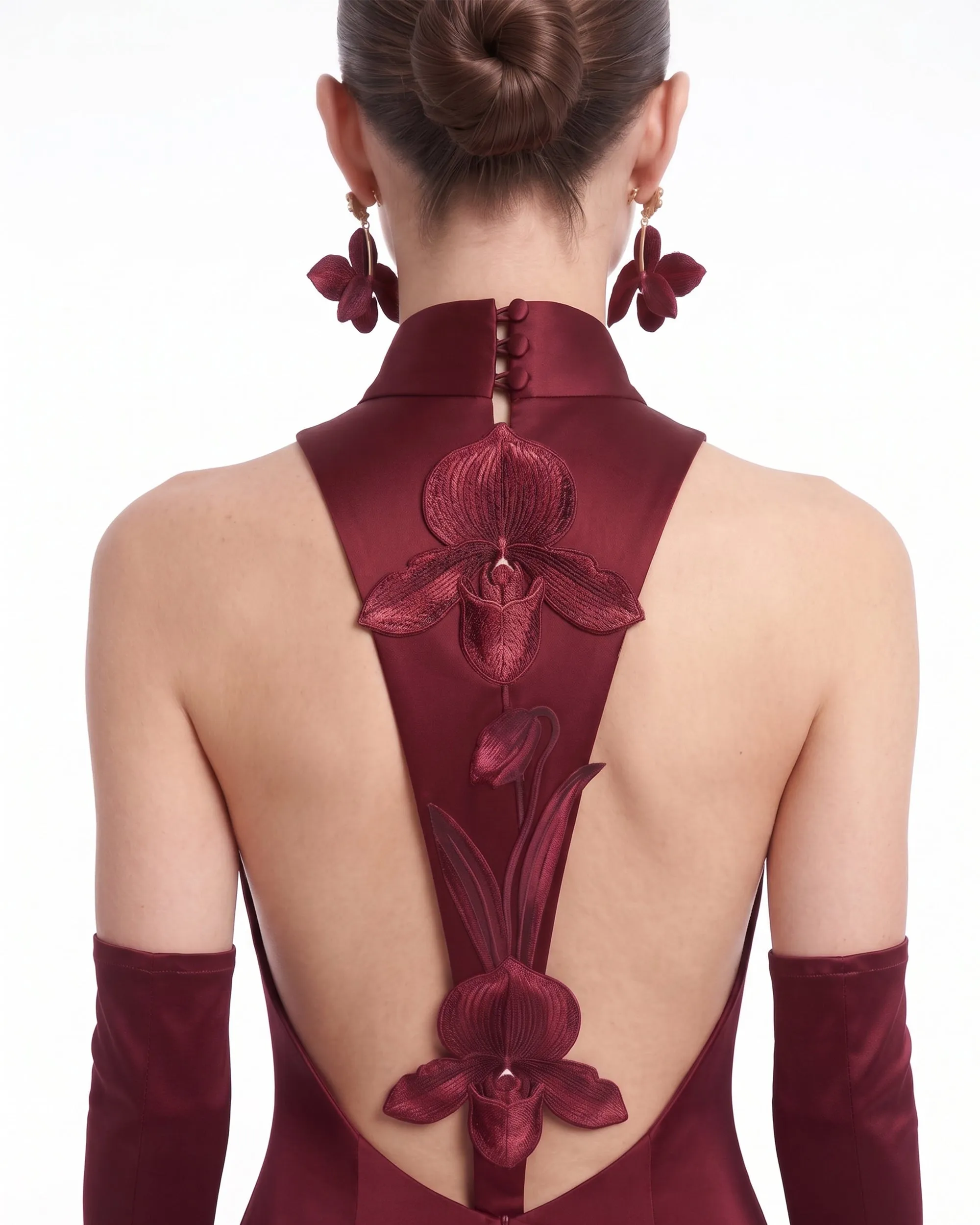 Satin Mock-Neck Floral Applique Open-Back Maxi Dress - Burgundy sold by JW PEI product image thumbnail 3