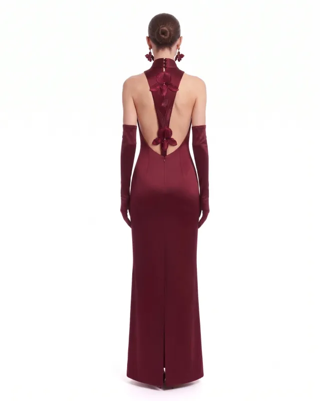 Satin Mock-Neck Floral Applique Open-Back Maxi Dress - Burgundy made by JW PEI