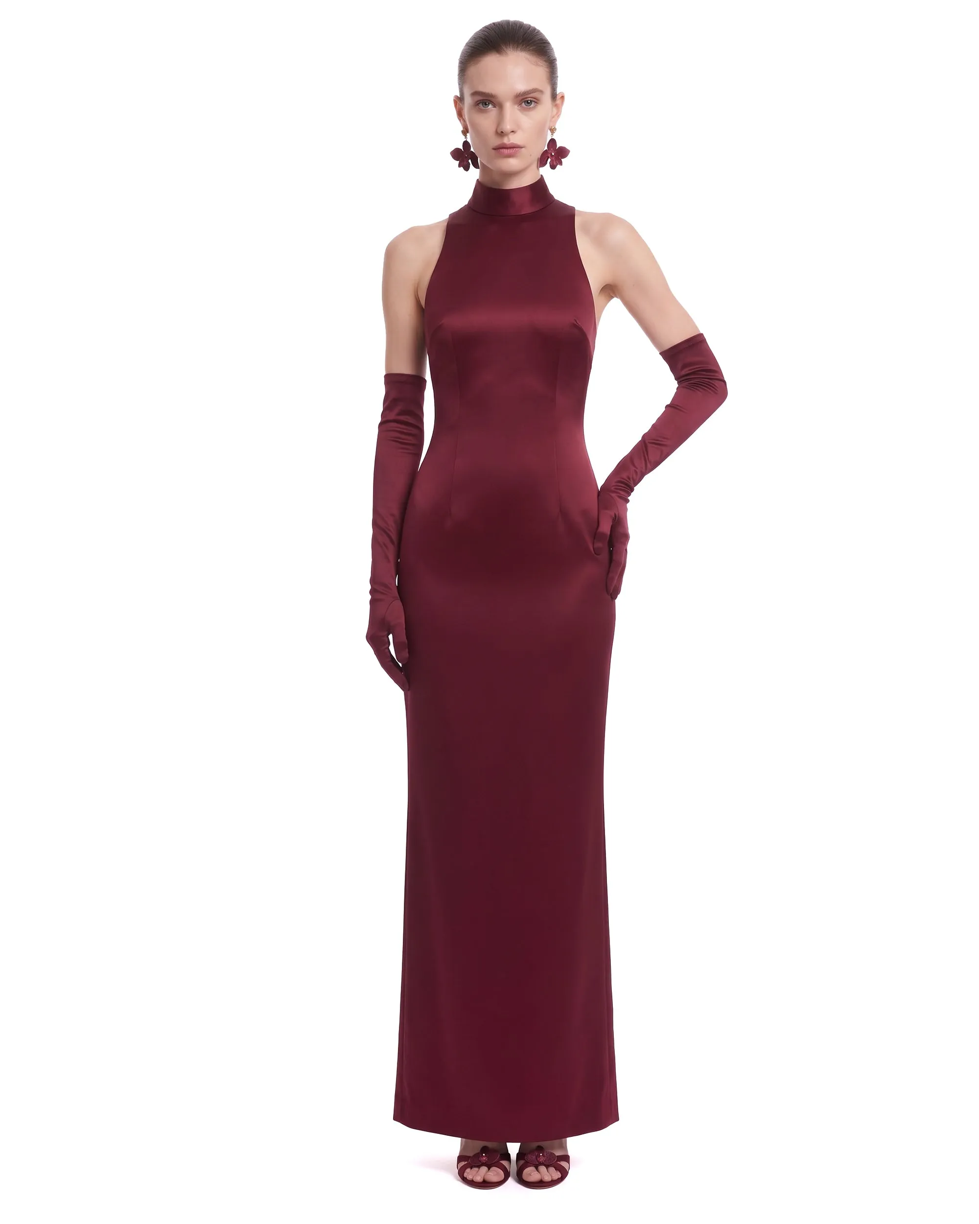 Satin Mock-Neck Floral Applique Open-Back Maxi Dress - Burgundy sold by JW PEI product image thumbnail 2