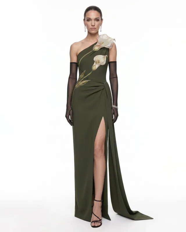 3D Floral One-Shoulder Draped Slit Maxi Dress - Olive Green made by JW PEI