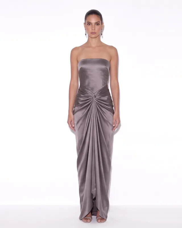 Satin Strapless Ruched Draped Maxi Dress - Mauve made by JW PEI