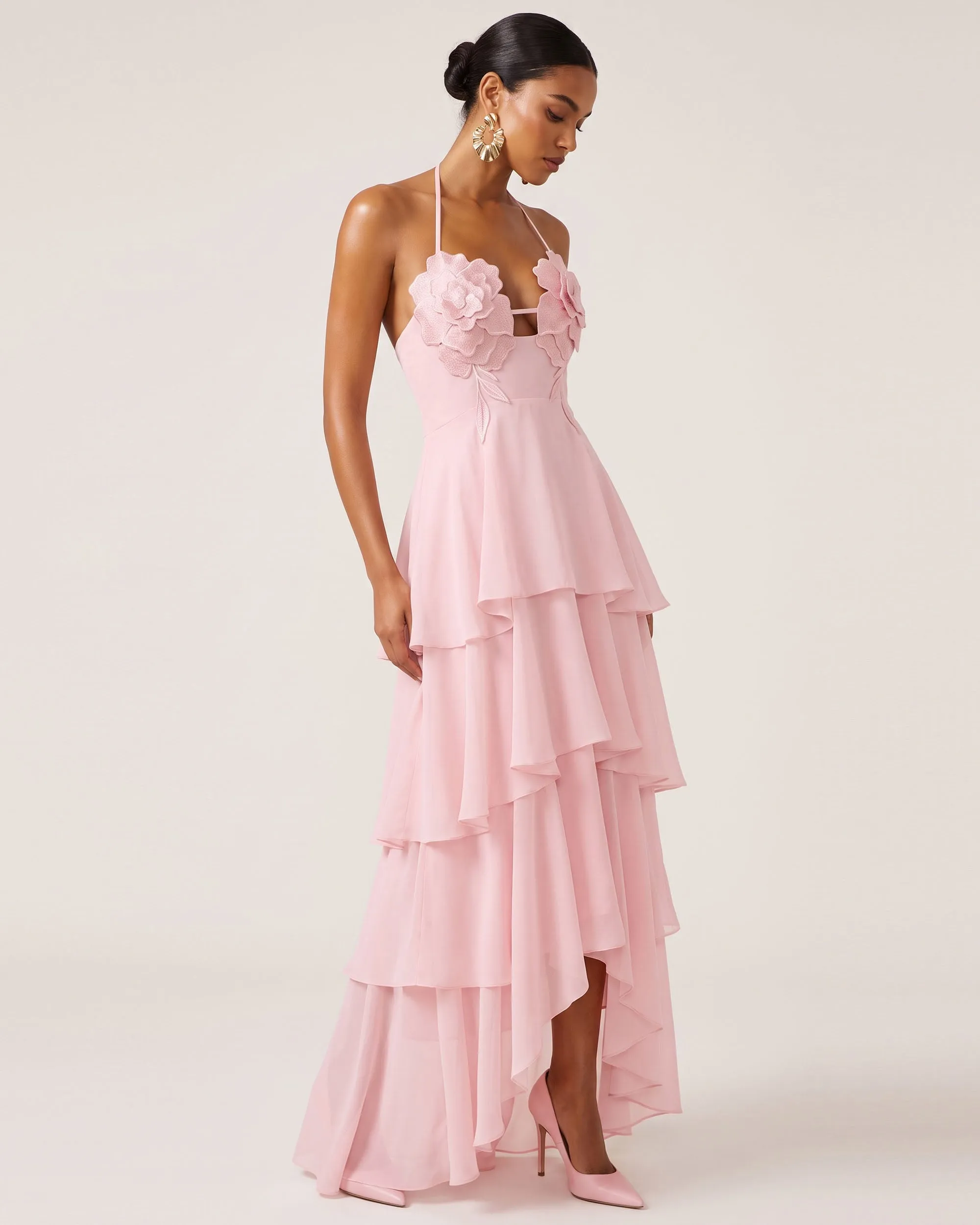 Flower Embroidered Halter Layered Maxi Dress - Pink sold by JW PEI product image thumbnail 2