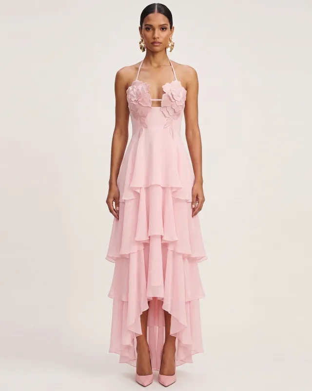 Flower Embroidered Halter Layered Maxi Dress - Pink made by JW PEI