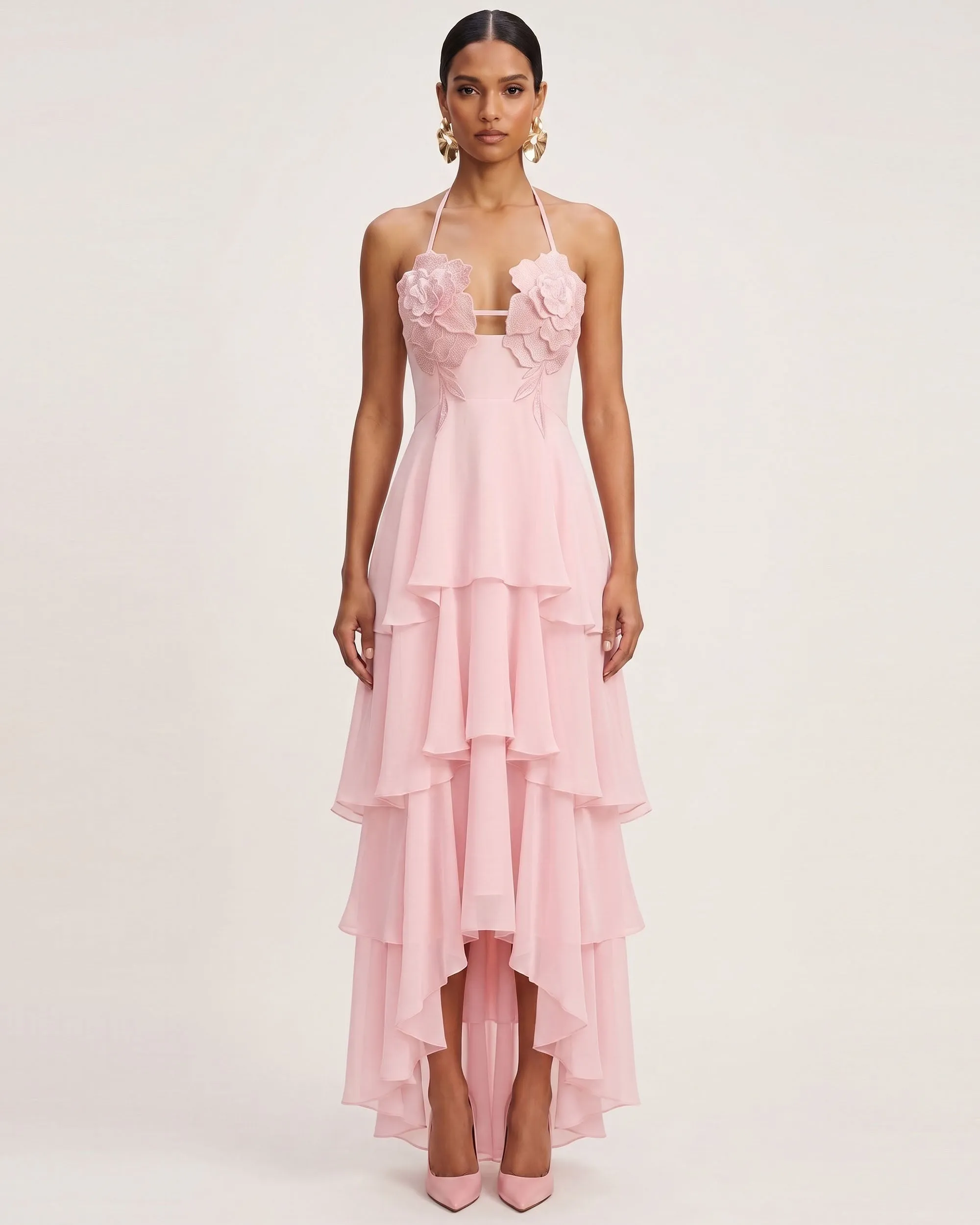 Flower Embroidered Halter Layered Maxi Dress - Pink sold by JW PEI