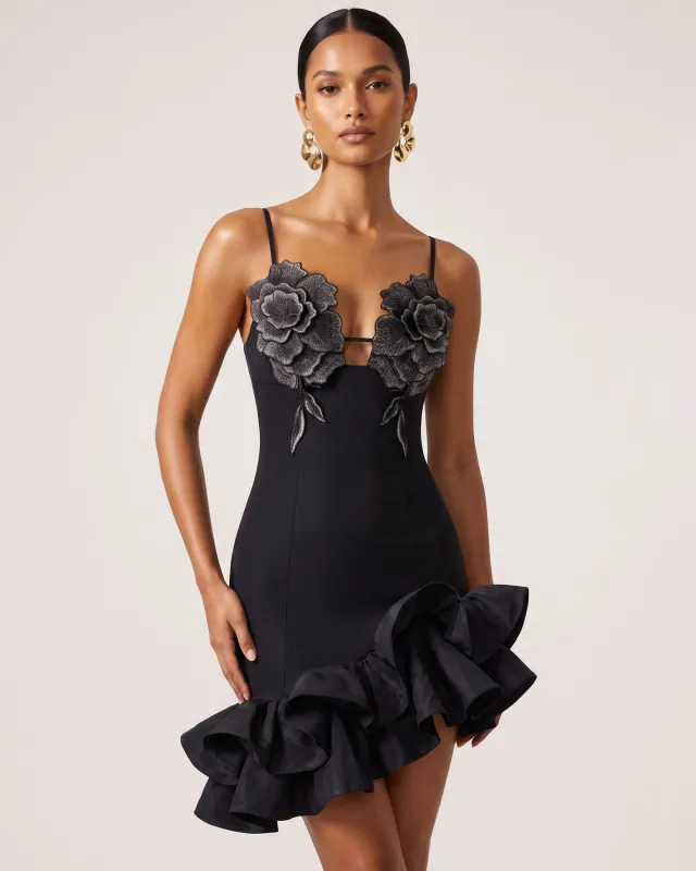 Flower Embroidered Spaghetti Strap Asymmetric Ruffle Mini Dress - Black made by JW PEI