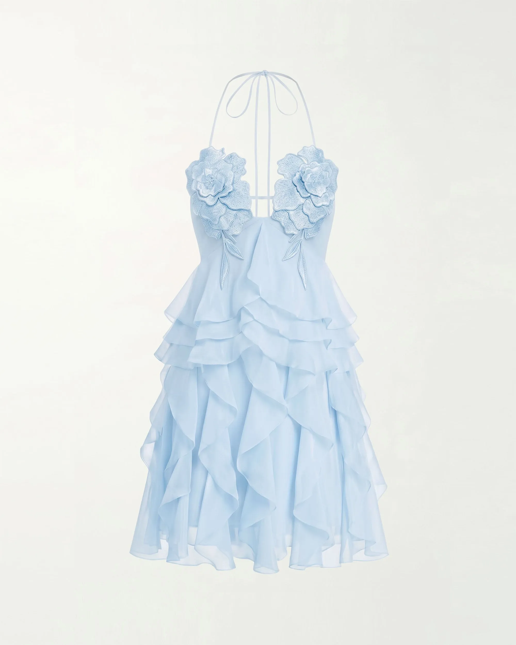 Flower Embroidered Halter Ruffled Mini Dress - Light Blue sold by JW PEI product image thumbnail 3